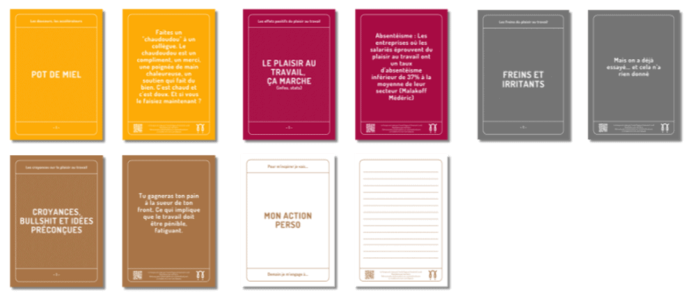 Les différents types de cartes du kit d'animation de la fresque du plaisir au travail